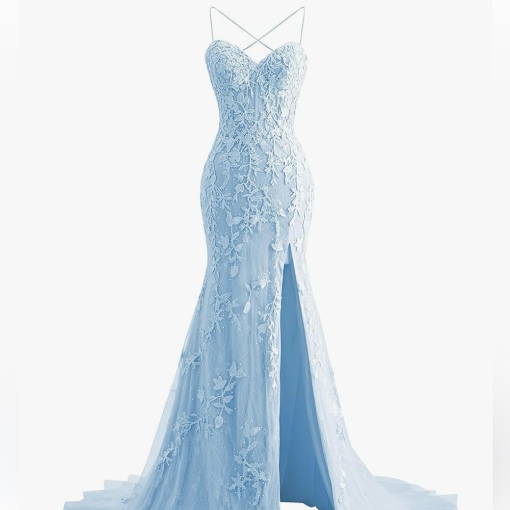 Amazon Light Blue Lace Prom Dress